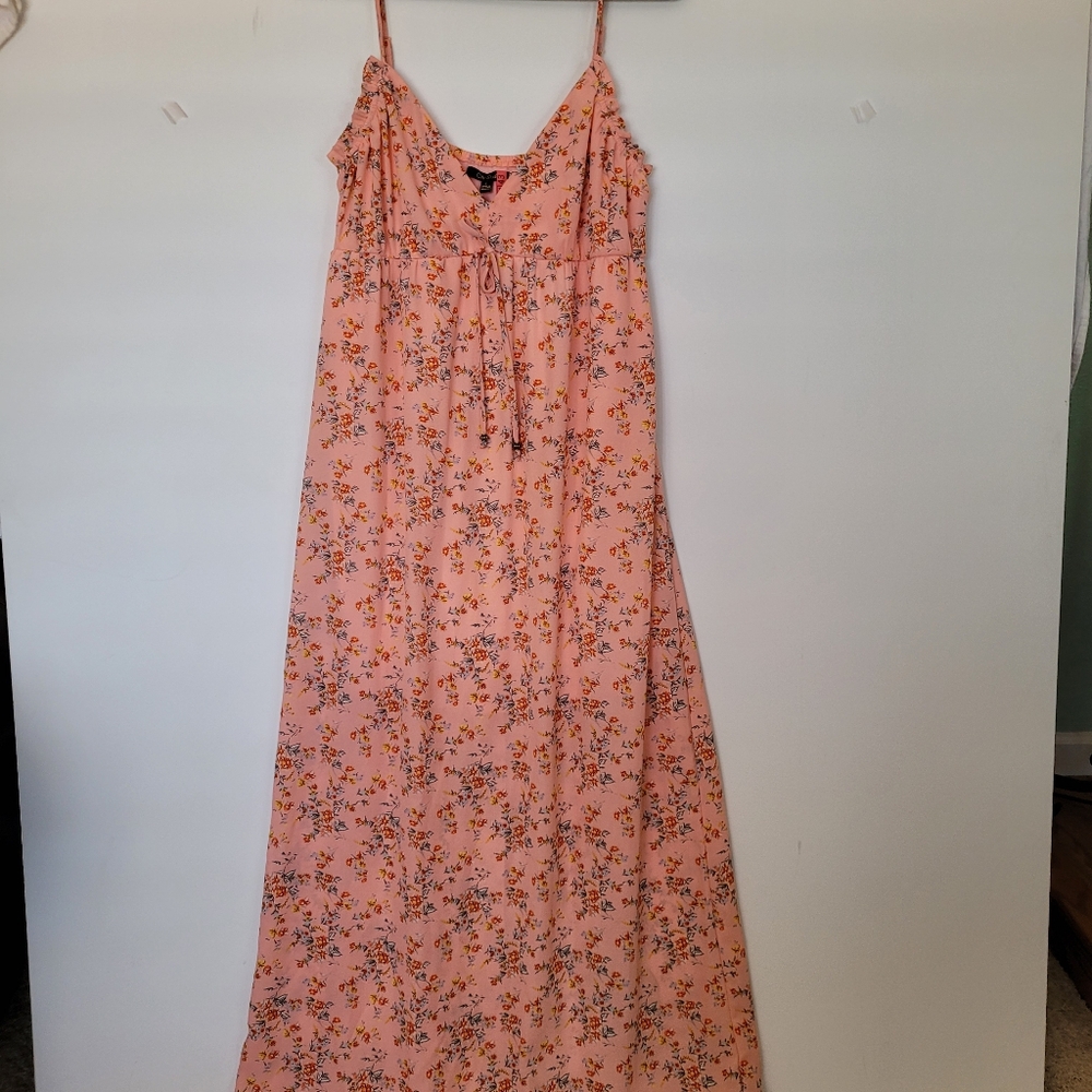 Y2K Maxi Dress Size L Floral Orange Sherbet Babydoll Lined Boho